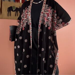 Sheer Black Open Maxi Kaftan with Tatreez Embroidery Made in Jordan